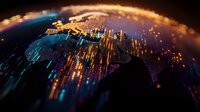 Glowing digital lines emerging from Earth surface with focus on European continent, illuminated by orange and blue light streams against dark background.