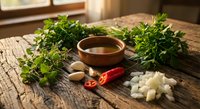 Fresh herbs parsley cilantro with olive oil garlic chili pepper and diced onion on rustic wooden cutting board for cooking preparation and culinary ingredients.