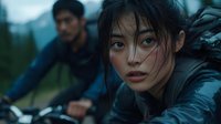 Young East Asian woman with long dark hair wearing dark jacket, looking directly at camera with intense expression during outdoor adventure. Man in background on bicycle.