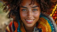 Young mixed race woman with curly hair and bright blue eyes smiling genuinely at camera, wearing colorful ethnic style clothing in warm sunlight.