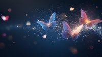 Magical glowing butterflies with luminous wings emit sparkles and light trails against dark blue background, creating ethereal atmosphere for fantasy designs.