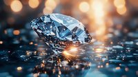 Sparkling diamond on reflective surface with golden bokeh lights in background, luxury jewelry macro photography with dramatic lighting and water drops.