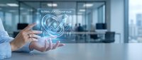 Businessman hand presenting holographic global leadership hub interface in modern office environment for corporate technology solutions.