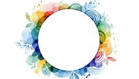 Colorful watercolor floral frame with empty white circle center for text or design elements. Vibrant rainbow botanical border with leaves and abstract shapes.