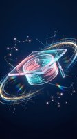 Futuristic digital planet with glowing rings and constellation connections on dark space background for technology and science fiction concepts.