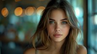 Young Caucasian woman with blue eyes and light brown hair against blurred bokeh background, soft natural lighting creates dreamy atmospheric portrait.