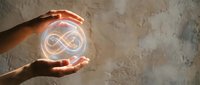 Hands protecting glowing infinity symbol representing endless possibilities, eternal concepts, and unlimited potential for business and technology applications.