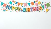 Colorful Happy Birthday banner with bunting flags, balloons, and confetti on white background, isolated and ready for design use on invitations, posters, and party materials.
