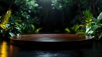 Round wooden platform display on dark surface with tropical plants and atmospheric lighting in jungle environment background for product presentation.