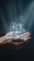 Cupped hands holding glowing holographic family silhouettes with ethereal light effects representing protection, care and insurance concepts.