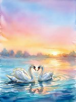Two white swans form a heart shape on tranquil water during a colorful sunrise, with soft pastel sky and golden light reflecting on the lake surface for romantic and nature themes.