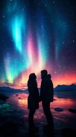Romantic couple silhouetted against spectacular northern lights display over tranquil lake, with vibrant turquoise and pink aurora reflecting on water surface.