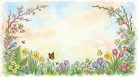 Watercolor spring garden frame with blooming flowers, butterflies and plants on soft pastel background for greeting cards and seasonal designs.