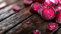 Fresh ripe cherries with water drops on rustic wooden background, macro shot with selective focus and copy space for food design.