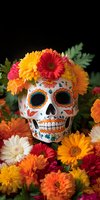 Decorated sugar skull with colorful gerbera daisies and marigolds arrangement for Day of the Dead celebration against dark background, Mexican folk art style.