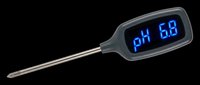 Digital pH meter with blue LCD display showing reading of 6.8, featuring black handle and stainless steel probe, isolated on transparent background, ready for clipart, print-on-demand, sublimation, and design projects.