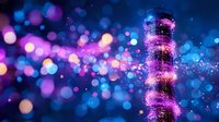 Magical lighthouse silhouette glowing with pink and purple lights against blurred bokeh background of blue and violet colors, dreamy night scene atmosphere.
