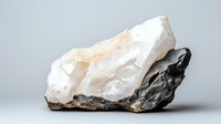 Raw white quartz crystal formation with dark mineral base on neutral background, showing natural geological structure and crystalline texture for mineralogy study.