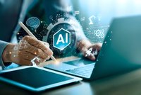 Professional businessman using laptop with artificial intelligence technology interface displaying digital icons and data analytics in modern office.