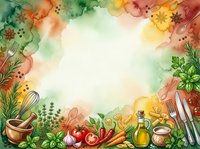 Watercolor cooking frame with fresh herbs, vegetables, spices and kitchen utensils creating colorful border for culinary recipes and food preparation designs.