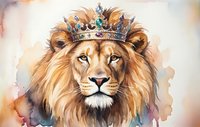 Majestic lion wearing ornate jeweled crown with watercolor background. Regal big cat portrait symbolizing power, leadership and royalty for luxury branding designs.