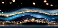 Abstract luxury waves in deep blue and black with golden glitter sparkles flowing in elegant curved lines against dark background. Decorative design element.