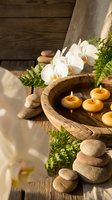 Spa wellness setup with floating candles in wooden bowl, white orchids, stacked stones and ferns for relaxation and meditation therapy treatments.