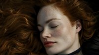 Young woman with red curly hair and freckles lying down with closed eyes, natural makeup and peaceful expression against dark background. Artistic portrait.