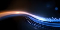 Abstract blue and orange glowing wave with particle trail effect on dark background, dynamic light streaks creating futuristic technology motion design element.