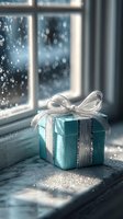Turquoise gift box with silver ribbon on windowsill during winter snowfall, creating cozy holiday atmosphere for seasonal celebrations.