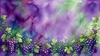 Watercolor grape vines with purple clusters and green leaves on dreamy violet background for wine labels, kitchen decor and botanical artwork.