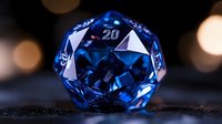 Translucent blue twenty-sided gaming die with geometric facets and numbers photographed in dramatic lighting with bokeh background, creating mystical atmosphere.