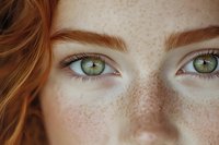 Close up view of bright green eyes and natural freckles on fair skin with ginger hair visible at edge of frame, capturing youthful beauty and natural features.