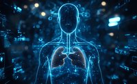 Digital hologram showing glowing blue human torso with detailed respiratory system and lungs against dark background with medical data interface elements.