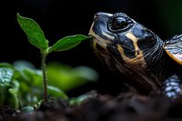 Curious spotted turtle examining young green plant sprout in dark soil, macro nature photography showing wildlife interaction with flora in natural habitat.
