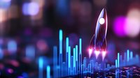 Futuristic rocket soaring above financial chart bars with neon blue glow effect on dark background, representing business growth and market success.