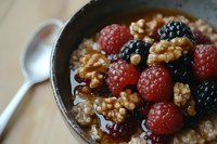 Healthy breakfast bowl with oatmeal porridge topped with fresh raspberries, blackberries, walnuts and dried cranberries in rustic ceramic bowl.