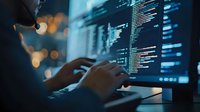 Programmer working late at night on computer code with dark blue ambient lighting and bokeh effects in background, typing on keyboard at desk setup.