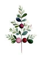 Delicate watercolor botanical branch with green leaves and burgundy berries on white isolated background, suitable for stationery design and wall art prints.