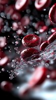 Red blood cells flowing through bloodstream with water droplets and bubbles for medical education and healthcare presentations.