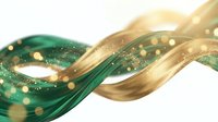 Abstract flowing wave with golden and emerald green colors, sparkling particles and smooth curves on white background for luxury design projects.
