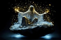 Mystical glowing figure in flowing robe levitates above water surface with magical sparkles and light effects against dark background. Fantasy art concept.