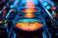 Glowing orange and blue particles in scientific laboratory equipment with dramatic lighting and shallow depth of field create futuristic research atmosphere.