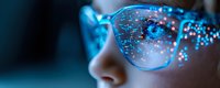 Close up view of eyeglasses with digital light reflections showing modern technology concept, artificial intelligence and augmented reality visualization.