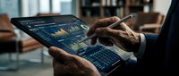 Professional businessman analyzing financial data and stock market charts on digital tablet in modern office environment for investment decisions.