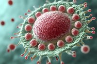 Microscopic view of virus cell structure with red spherical particles on mint green surface showing detailed viral membrane and protein spikes. Medical science concept.