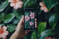 Hand holding smartphone displaying pink flowers against natural green foliage background with plumeria blooms framing the scene.