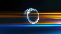 Glowing neon ring with light trails on dark background creates dynamic motion effect, blue and orange streaks form futuristic portal design for technology concepts.