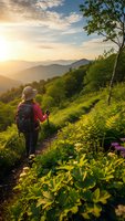 Female hiker with backpack and trekking poles walking on mountain trail at sunset, surrounded by lush green vegetation and wildflowers with scenic valley view.