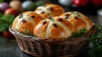Fresh hot cross buns with raisins and glazed crust in woven basket, decorated with green herbs. Traditional Easter holiday baking photographed in dark mood.